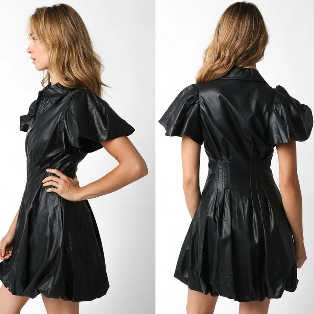*BLACK FRIDAY SALE* Icon Black Faux Leather Bubble Hem Mini Dress - Picture 4 of 6